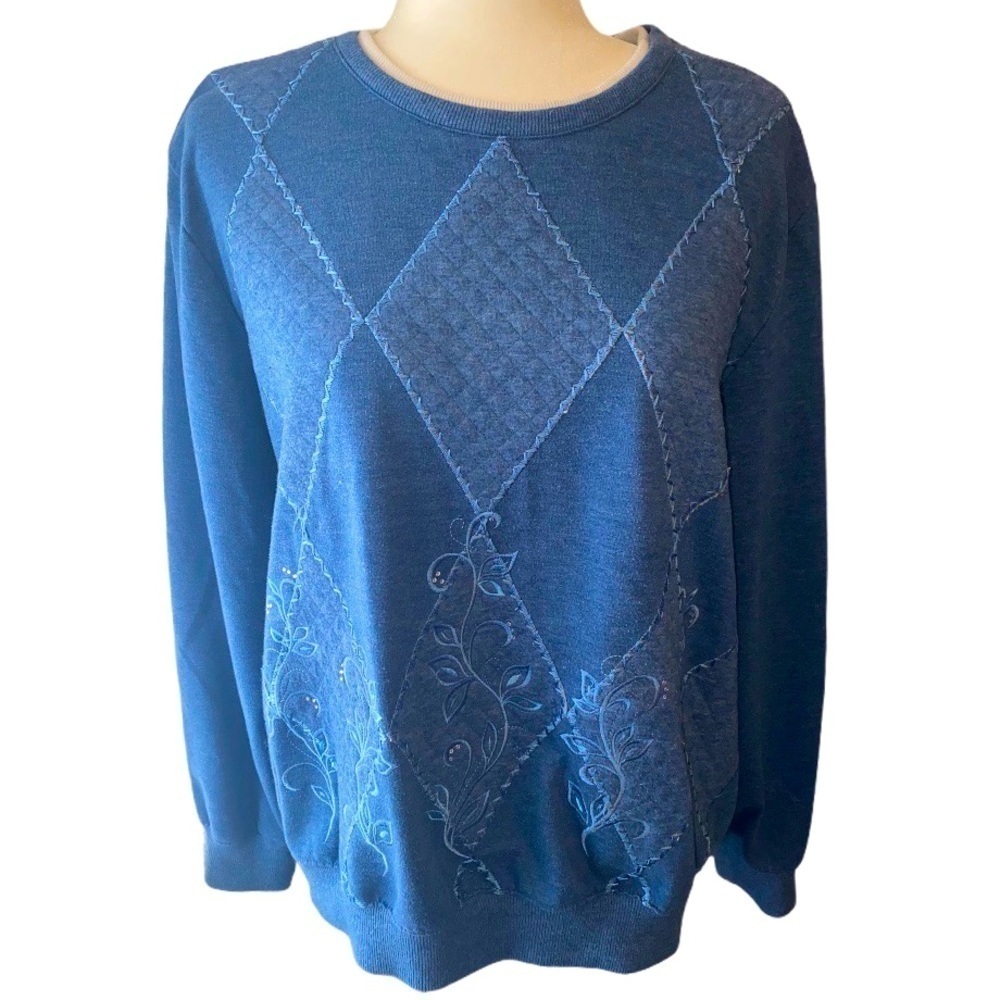 Vintage Crewneck Sweatshirt 80’s 90’s Blue Floral Embroidered Double Collar XL